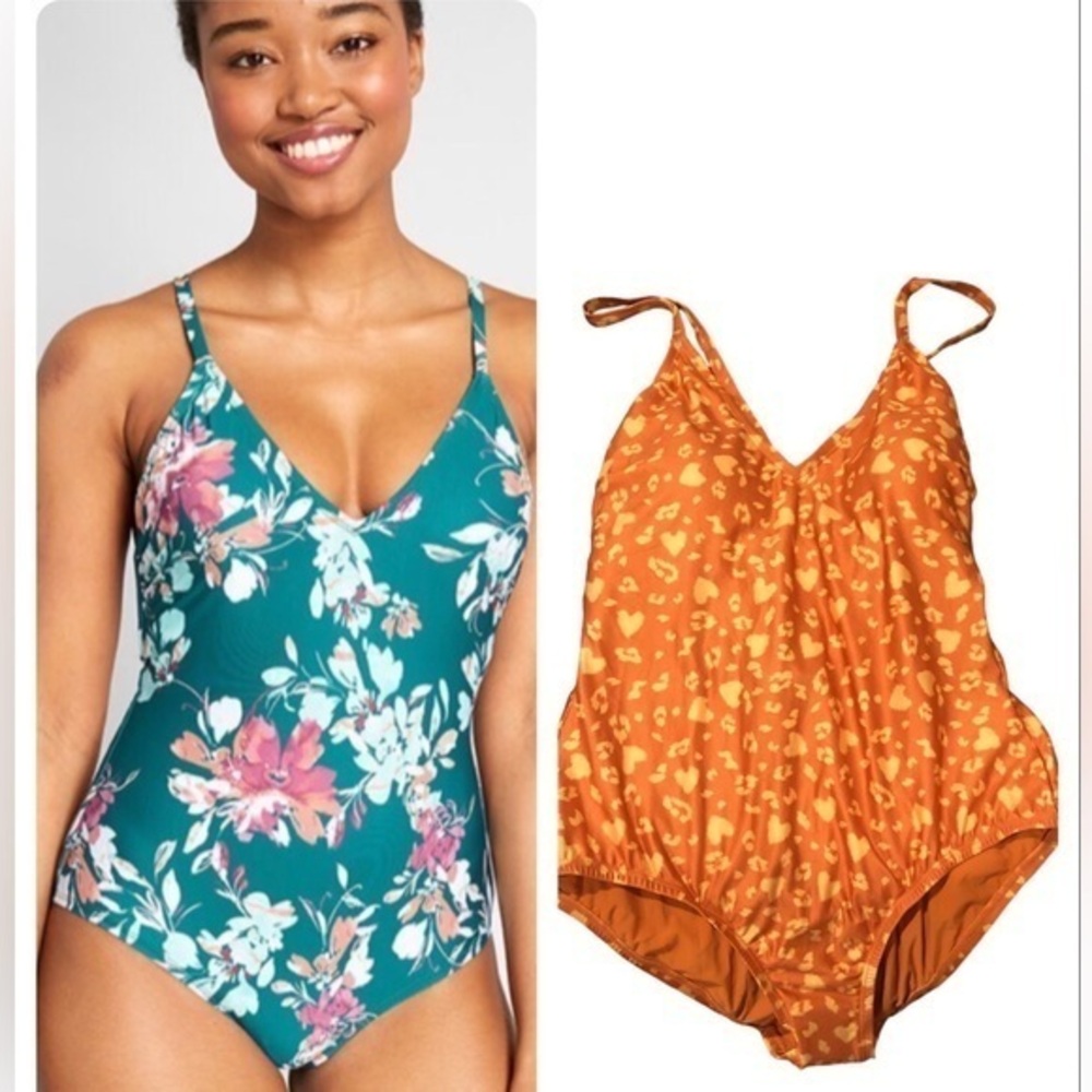 MODCLOTH THE PEGGY ONE PIECE CORAL TANGERINE ORANGE YELLOW PRINT SWIMSUIT S